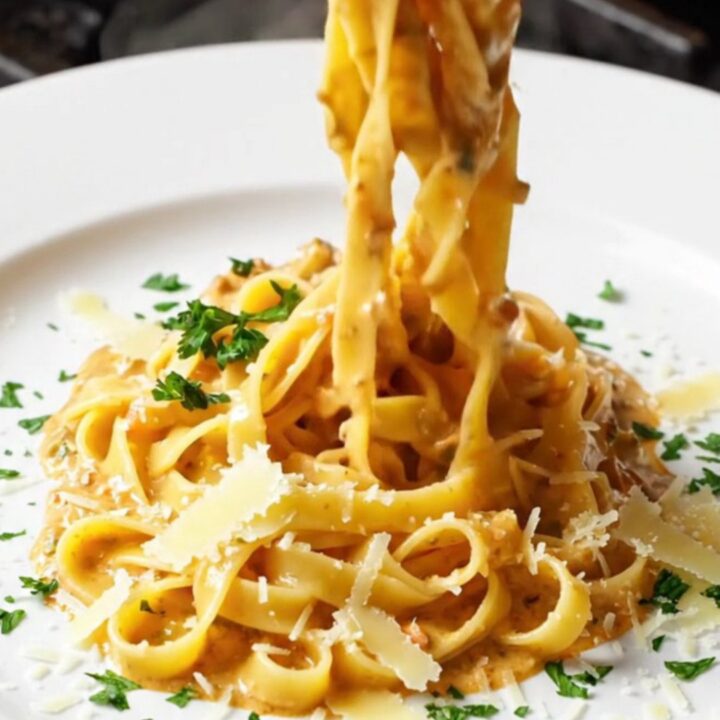 Twirled tagliatelle with creamy vegetable sauce and Parmesan