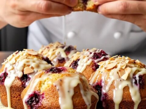 Whole Lemon Poppy Seed Berry Cakes with white chocolate drizzle and toasted almonds on a wire rack