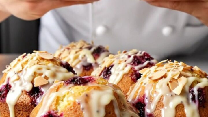 Whole Lemon Poppy Seed Berry Cakes with white chocolate drizzle and toasted almonds on a wire rack