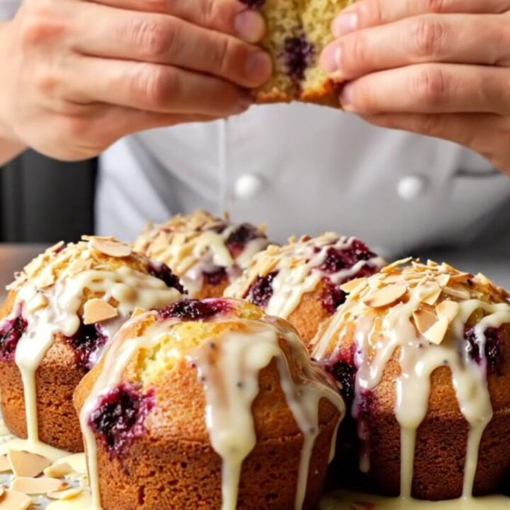 Whole Lemon Poppy Seed Berry Cakes with white chocolate drizzle and toasted almonds on a wire rack