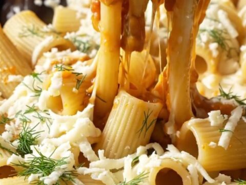 Spoon lifting cheesy pipe rigate pasta with long mozzarella strings and vegetable bits