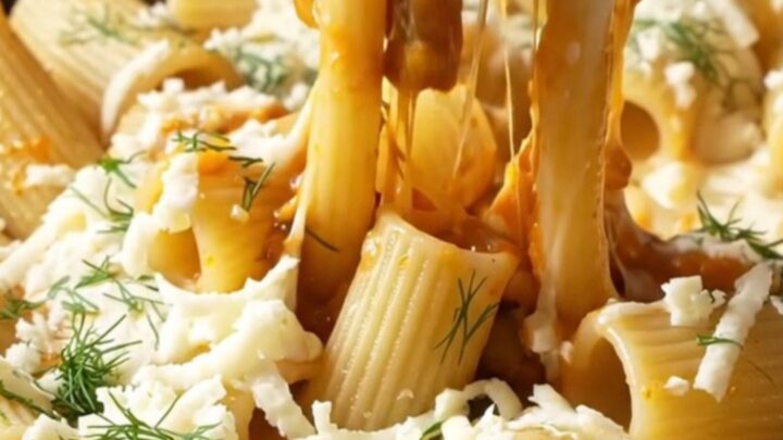 Spoon lifting cheesy pipe rigate pasta with long mozzarella strings and vegetable bits