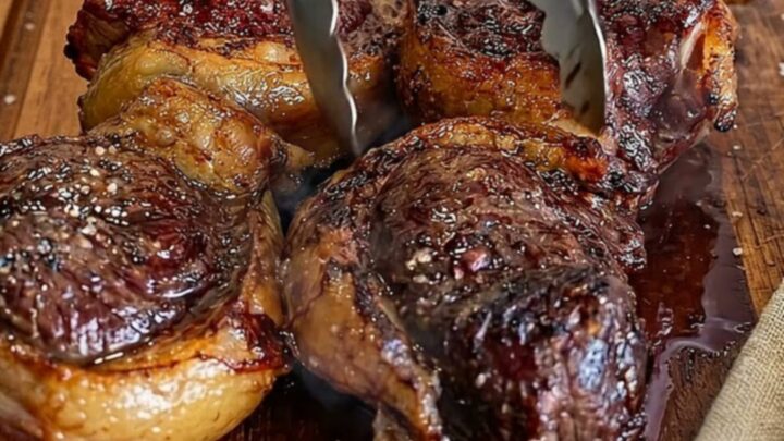 A row of perfectly seared picanha steak medallions on a grooved wooden board with a bowl of sea salt.