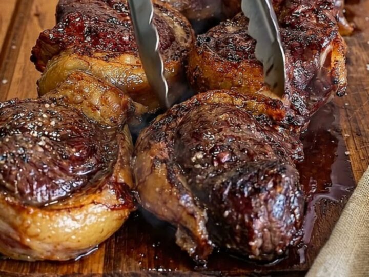 A row of perfectly seared picanha steak medallions on a grooved wooden board with a bowl of sea salt.