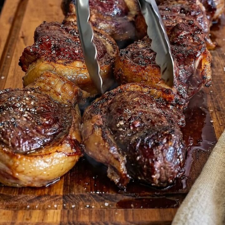 A row of perfectly seared picanha steak medallions on a grooved wooden board with a bowl of sea salt.