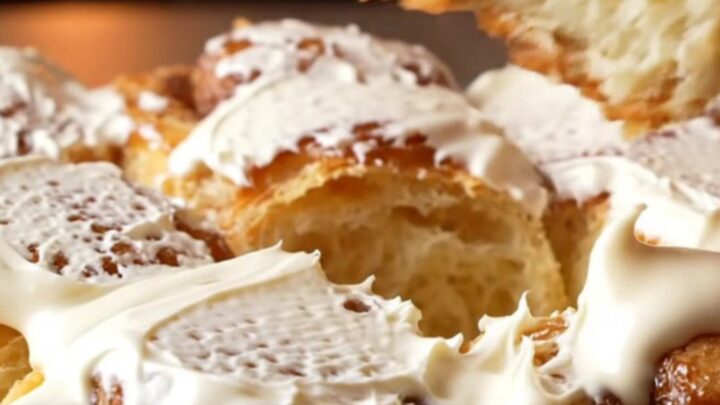 Golden pull-apart cinnamon rolls with cream cheese frosting in a baking dish
