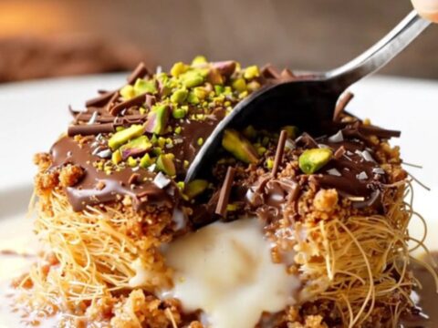 Golden kadayıf nests topped with dark chocolate shavings and pistachios on a serving plate