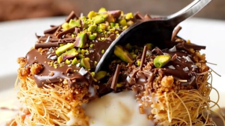 Golden kadayıf nests topped with dark chocolate shavings and pistachios on a serving plate