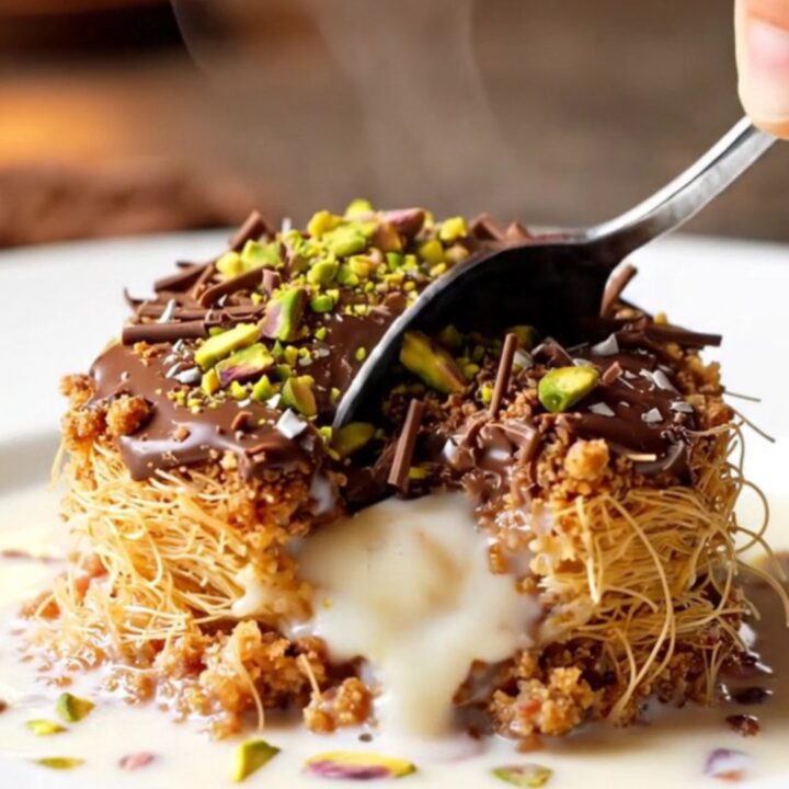 Golden kadayıf nests topped with dark chocolate shavings and pistachios on a serving plate
