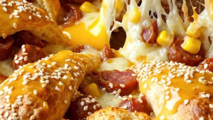 Golden crown pizza ring with melted cheese and sucuk on a baking sheet
