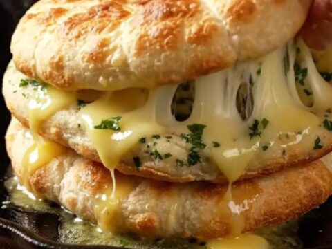 Golden cheesy potato lavaş flatbreads brushed with melted butter, stacked on a plate with steam rising
