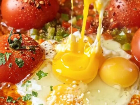 A skillet of Turkish menemen with runny egg yolks, melted cheese, and parsley, ready to be scooped with crusty bread.