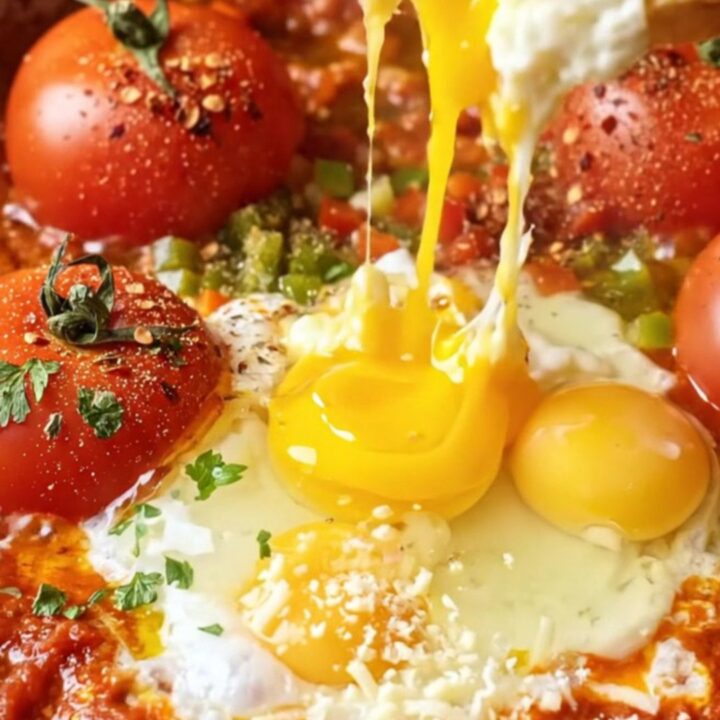 A skillet of Turkish menemen with runny egg yolks, melted cheese, and parsley, ready to be scooped with crusty bread.