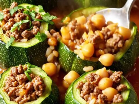 Stuffed round zucchini with beef and chickpeas in a baking dish, topped with tomato broth and fresh herbs.