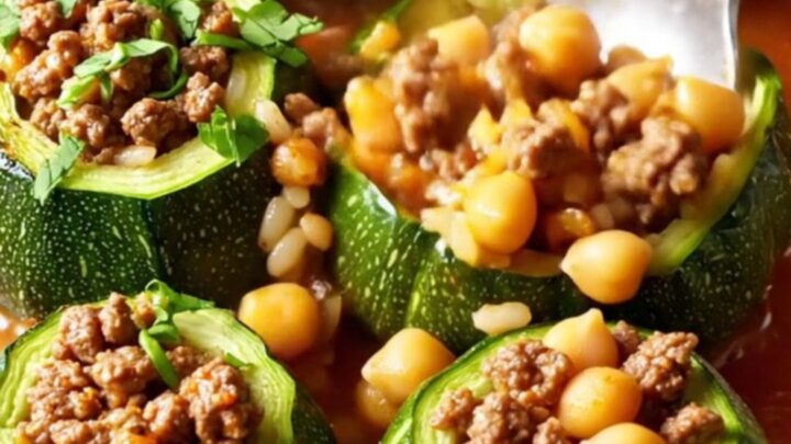 Stuffed round zucchini with beef and chickpeas in a baking dish, topped with tomato broth and fresh herbs.