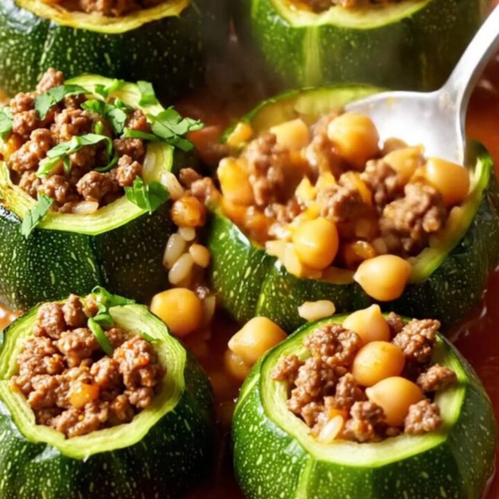 Stuffed round zucchini with beef and chickpeas in a baking dish, topped with tomato broth and fresh herbs.