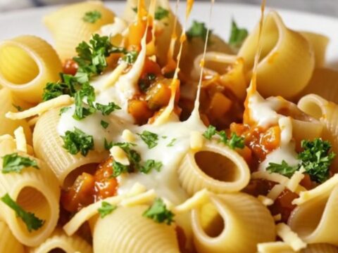 Spoonful of whole roasted vegetable shell pasta with melted mozzarella stretching between shells