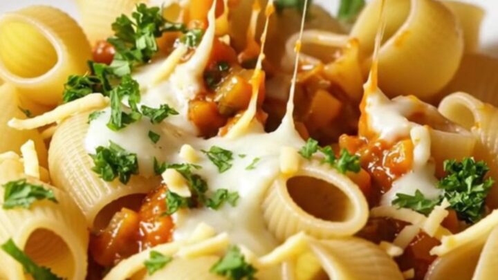 Spoonful of whole roasted vegetable shell pasta with melted mozzarella stretching between shells