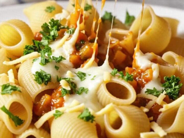 Spoonful of whole roasted vegetable shell pasta with melted mozzarella stretching between shells