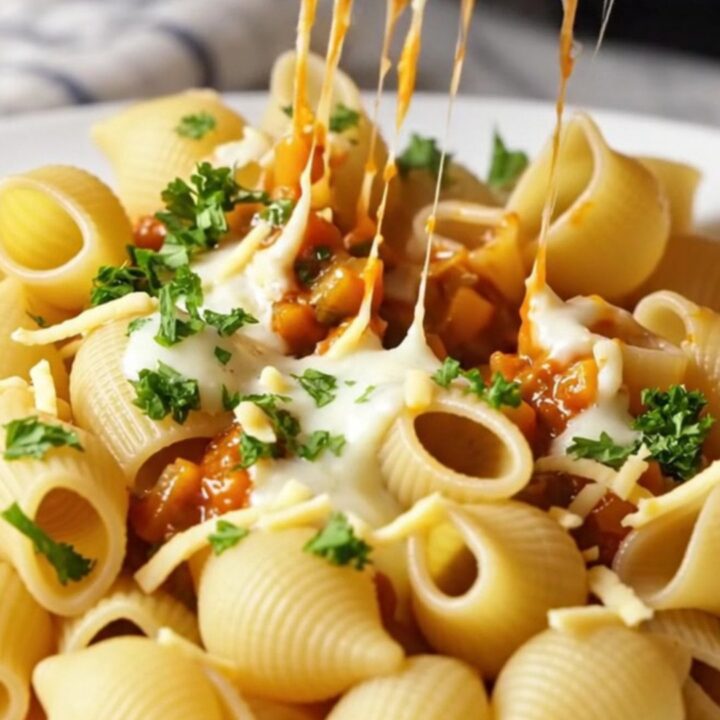 Spoonful of whole roasted vegetable shell pasta with melted mozzarella stretching between shells