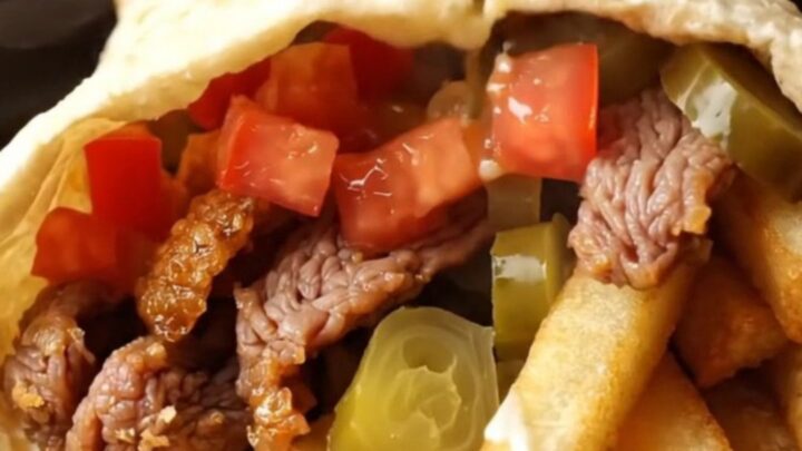 Crispy beef shawarma wraps sliced diagonally, showing juicy beef, fries, and garlic sauce inside golden pita