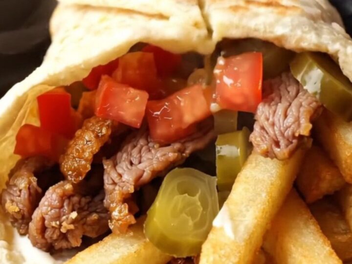 Crispy beef shawarma wraps sliced diagonally, showing juicy beef, fries, and garlic sauce inside golden pita