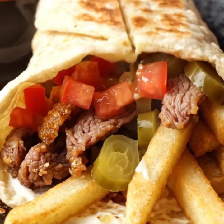 Crispy beef shawarma wraps sliced diagonally, showing juicy beef, fries, and garlic sauce inside golden pita