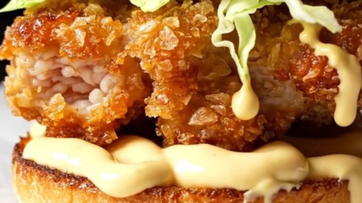 Crispy golden chicken patty with shredded lettuce on a toasted brioche bun, cut in half showing the juicy interior.
