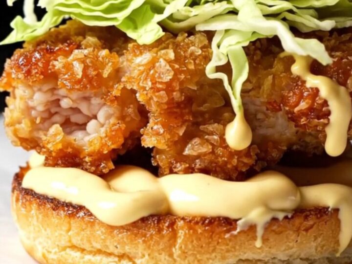 Crispy golden chicken patty with shredded lettuce on a toasted brioche bun, cut in half showing the juicy interior.
