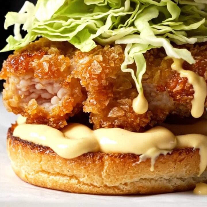 Crispy golden chicken patty with shredded lettuce on a toasted brioche bun, cut in half showing the juicy interior.