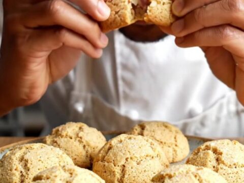 Golden tahini walnut cookies with cracked tops on a parchment-lined baking sheet