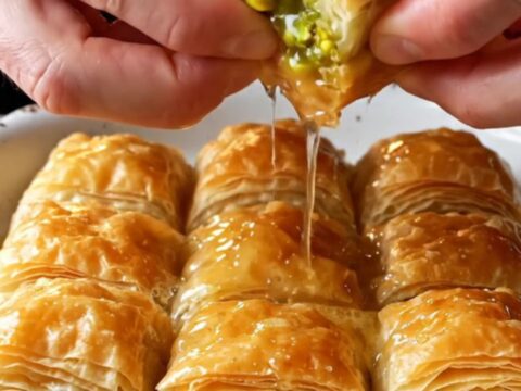 Golden Turkish Mussel Baklava drizzled with lemon syrup, showing flaky layers and pistachio filling.