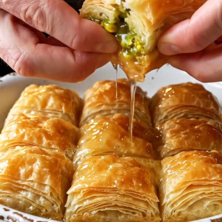 Golden Turkish Mussel Baklava drizzled with lemon syrup, showing flaky layers and pistachio filling.