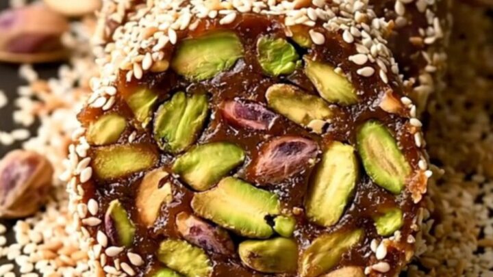 Sliced Medjool date and nut energy roll showing mosaic of pistachios in dark date fudge with sesame-coconut coating.
