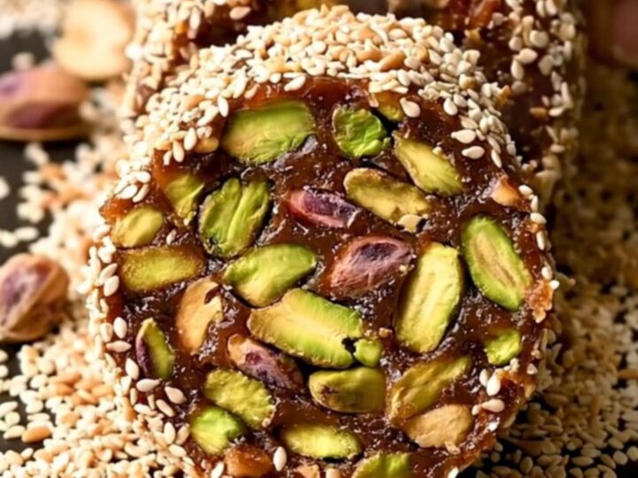 Sliced Medjool date and nut energy roll showing mosaic of pistachios in dark date fudge with sesame-coconut coating.
