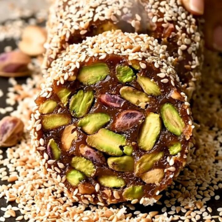 Sliced Medjool date and nut energy roll showing mosaic of pistachios in dark date fudge with sesame-coconut coating.
