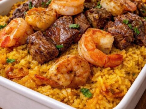 A warm, rustic baking dish filled with seared steak cubes, succulent shrimp, and fluffy yellow rice.