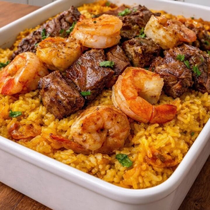 A warm, rustic baking dish filled with seared steak cubes, succulent shrimp, and fluffy yellow rice.