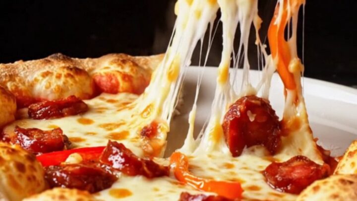 Golden stuffed ring pizza with melted cheese and sucuk on a parchment-lined baking sheet