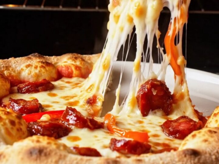 Golden stuffed ring pizza with melted cheese and sucuk on a parchment-lined baking sheet