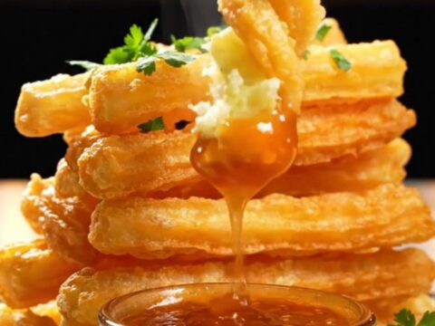 Twisted crispy potato churro fries served with sweet chili sauce on a white plate