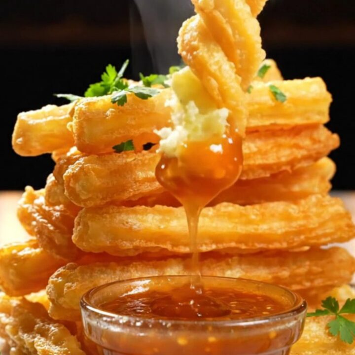 Twisted crispy potato churro fries served with sweet chili sauce on a white plate