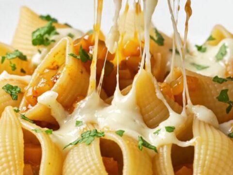 A skillet of pipe rigate pasta with roasted vegetable sauce and melted mozzarella, garnished with fresh parsley.