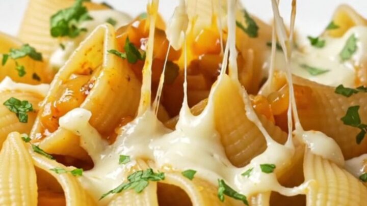 A skillet of pipe rigate pasta with roasted vegetable sauce and melted mozzarella, garnished with fresh parsley.