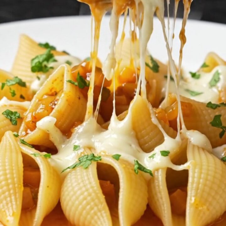 A skillet of pipe rigate pasta with roasted vegetable sauce and melted mozzarella, garnished with fresh parsley.