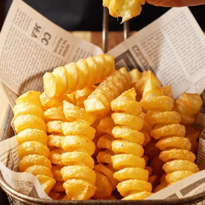 Golden spiral potato fries piled high on a paper-lined basket, with a crispy texture visible.