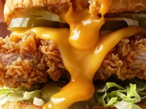 Crispy fried chicken sandwich with melted cheese, pickles, and lettuce on toasted bread