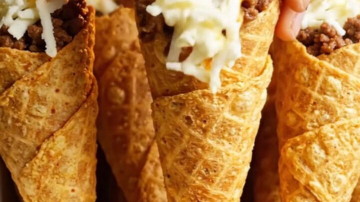 Crunchy nacho cheese stuffed cones with golden crust and melted cheese pull