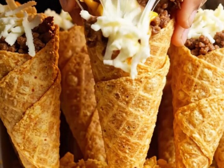 Crunchy nacho cheese stuffed cones with golden crust and melted cheese pull