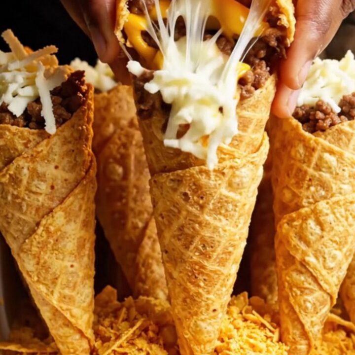 Crunchy nacho cheese stuffed cones with golden crust and melted cheese pull